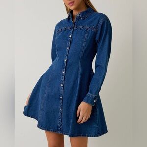 Dark Blue Denim Button-Front Long Sleeve Dress